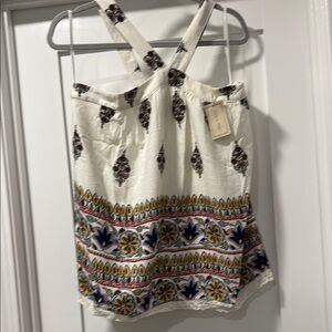 Cream and Blue Embellished Tie Front Tank Top